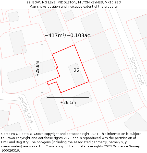 22, BOWLING LEYS, MIDDLETON, MILTON KEYNES, MK10 9BD: Plot and title map