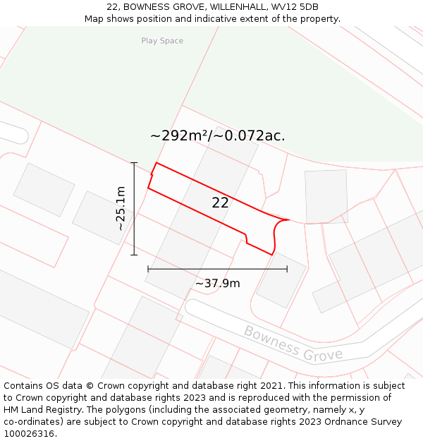 22, BOWNESS GROVE, WILLENHALL, WV12 5DB: Plot and title map