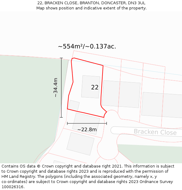 22, BRACKEN CLOSE, BRANTON, DONCASTER, DN3 3UL: Plot and title map