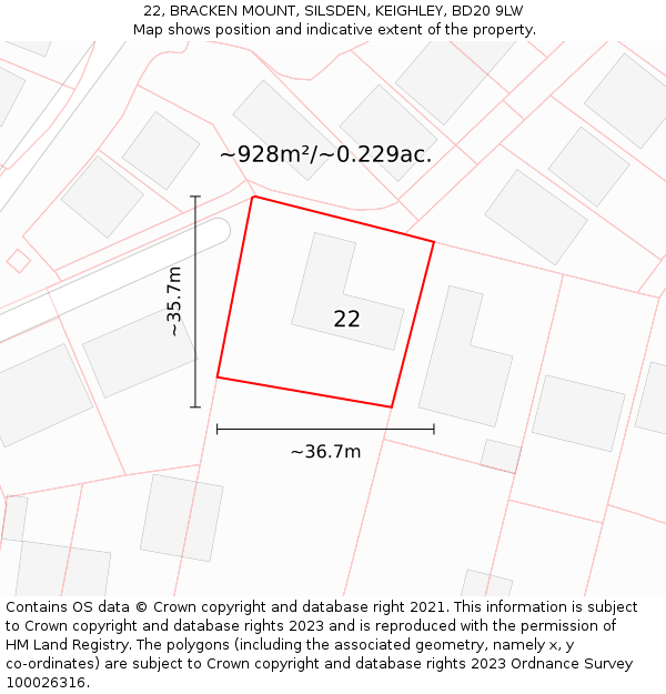 22, BRACKEN MOUNT, SILSDEN, KEIGHLEY, BD20 9LW: Plot and title map