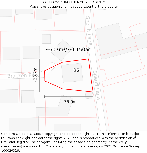 22, BRACKEN PARK, BINGLEY, BD16 3LG: Plot and title map