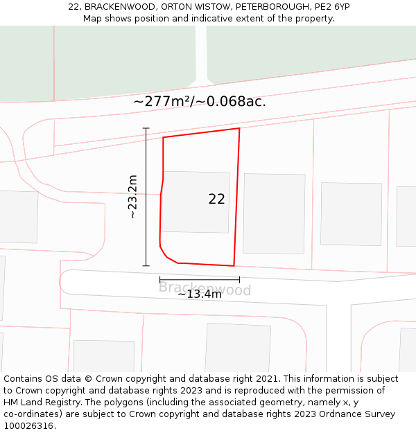 22, BRACKENWOOD, ORTON WISTOW, PETERBOROUGH, PE2 6YP: Plot and title map