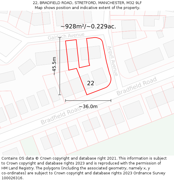 22, BRADFIELD ROAD, STRETFORD, MANCHESTER, M32 9LF: Plot and title map