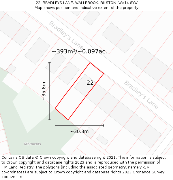 22, BRADLEYS LANE, WALLBROOK, BILSTON, WV14 8YW: Plot and title map