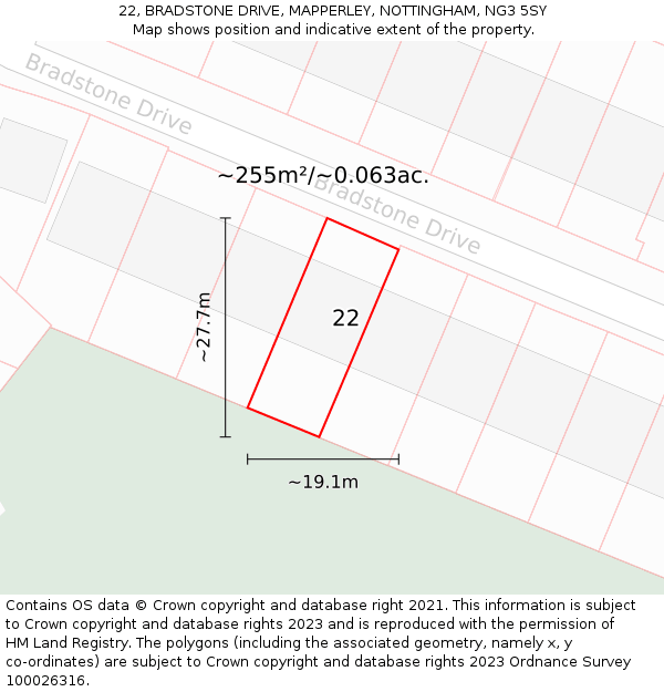 22, BRADSTONE DRIVE, MAPPERLEY, NOTTINGHAM, NG3 5SY: Plot and title map