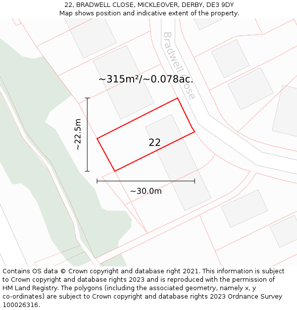 22, BRADWELL CLOSE, MICKLEOVER, DERBY, DE3 9DY: Plot and title map