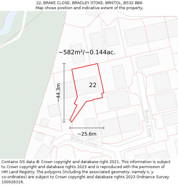 22, BRAKE CLOSE, BRADLEY STOKE, BRISTOL, BS32 8BA: Plot and title map