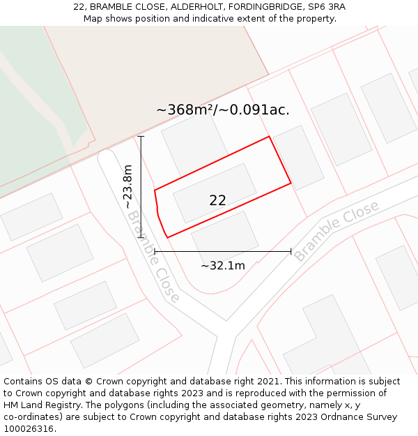 22, BRAMBLE CLOSE, ALDERHOLT, FORDINGBRIDGE, SP6 3RA: Plot and title map