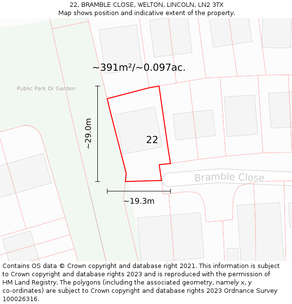 22, BRAMBLE CLOSE, WELTON, LINCOLN, LN2 3TX: Plot and title map