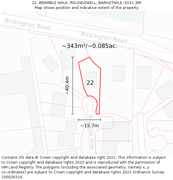 22, BRAMBLE WALK, ROUNDSWELL, BARNSTAPLE, EX31 3RF: Plot and title map