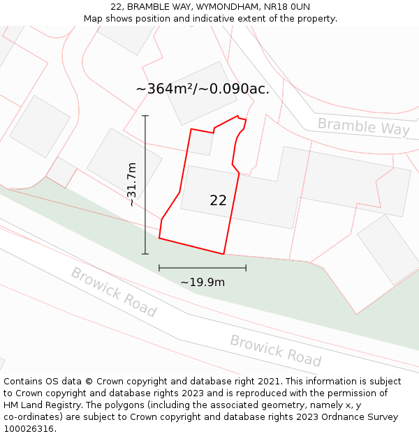 22, BRAMBLE WAY, WYMONDHAM, NR18 0UN: Plot and title map