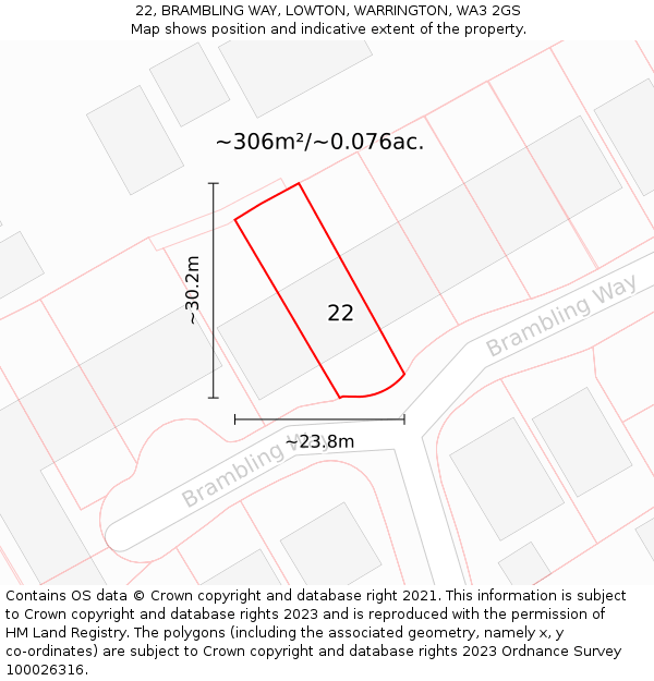 22, BRAMBLING WAY, LOWTON, WARRINGTON, WA3 2GS: Plot and title map