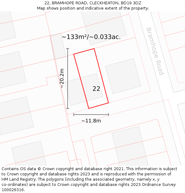 22, BRAMHOPE ROAD, CLECKHEATON, BD19 3DZ: Plot and title map