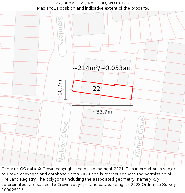 22, BRAMLEAS, WATFORD, WD18 7UN: Plot and title map