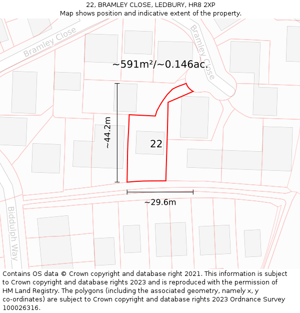 22, BRAMLEY CLOSE, LEDBURY, HR8 2XP: Plot and title map