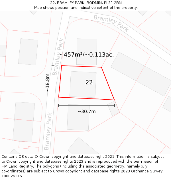 22, BRAMLEY PARK, BODMIN, PL31 2BN: Plot and title map