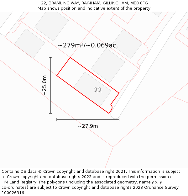 22, BRAMLING WAY, RAINHAM, GILLINGHAM, ME8 8FG: Plot and title map