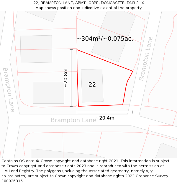 22, BRAMPTON LANE, ARMTHORPE, DONCASTER, DN3 3HX: Plot and title map