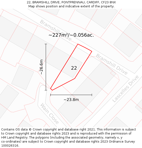 22, BRAMSHILL DRIVE, PONTPRENNAU, CARDIFF, CF23 8NX: Plot and title map