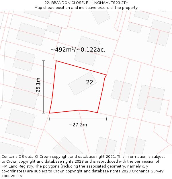 22, BRANDON CLOSE, BILLINGHAM, TS23 2TH: Plot and title map