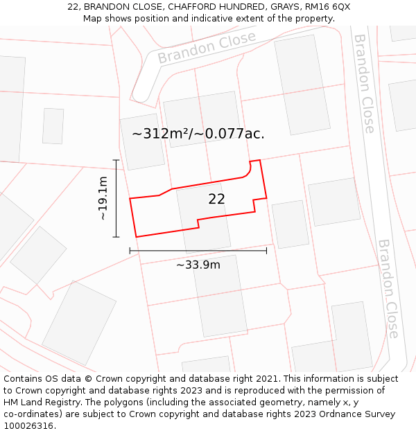 22, BRANDON CLOSE, CHAFFORD HUNDRED, GRAYS, RM16 6QX: Plot and title map
