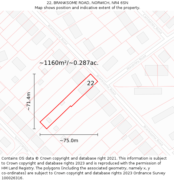 22, BRANKSOME ROAD, NORWICH, NR4 6SN: Plot and title map