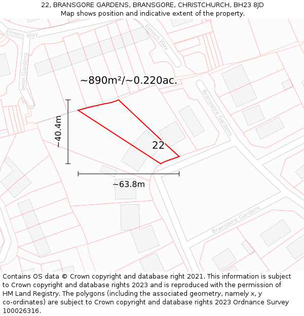 22, BRANSGORE GARDENS, BRANSGORE, CHRISTCHURCH, BH23 8JD: Plot and title map