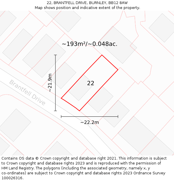 22, BRANTFELL DRIVE, BURNLEY, BB12 8AW: Plot and title map
