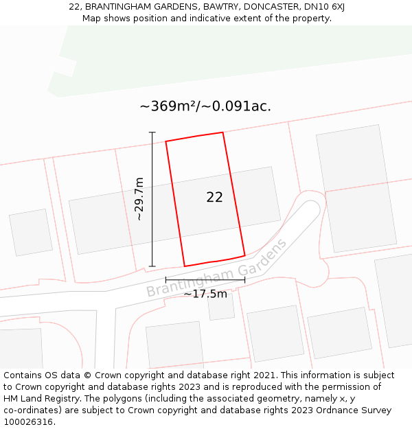 22, BRANTINGHAM GARDENS, BAWTRY, DONCASTER, DN10 6XJ: Plot and title map