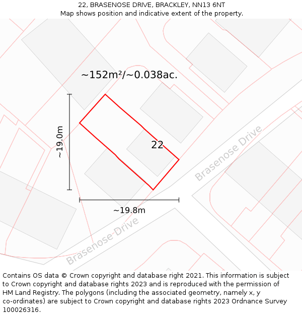 22, BRASENOSE DRIVE, BRACKLEY, NN13 6NT: Plot and title map