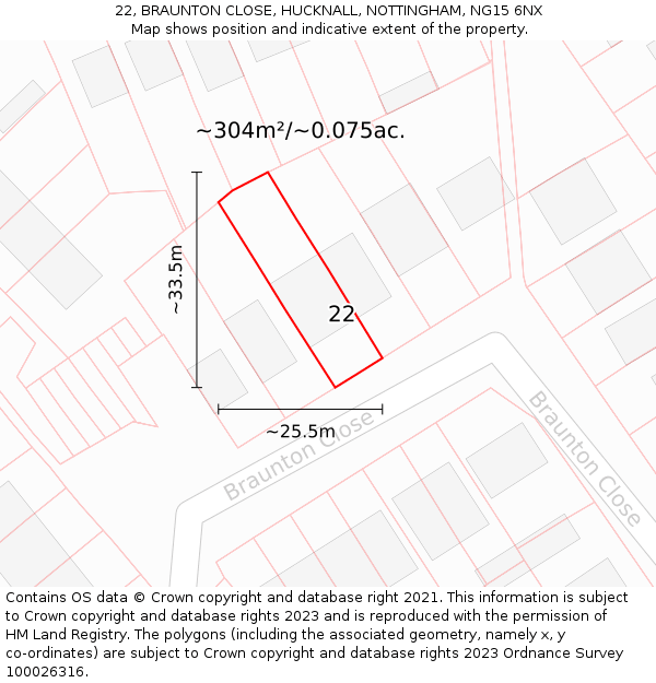22, BRAUNTON CLOSE, HUCKNALL, NOTTINGHAM, NG15 6NX: Plot and title map