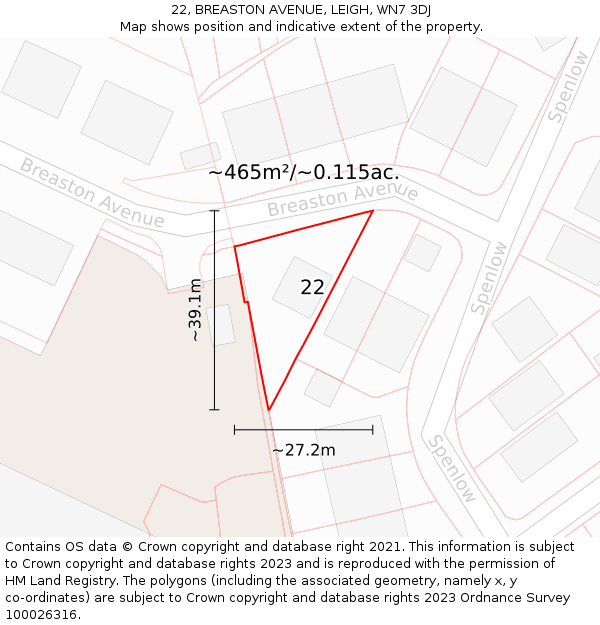 22, BREASTON AVENUE, LEIGH, WN7 3DJ: Plot and title map