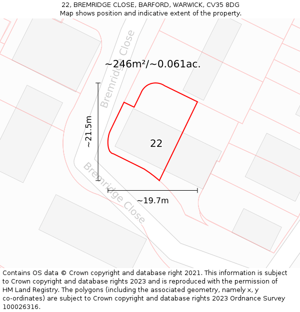 22, BREMRIDGE CLOSE, BARFORD, WARWICK, CV35 8DG: Plot and title map
