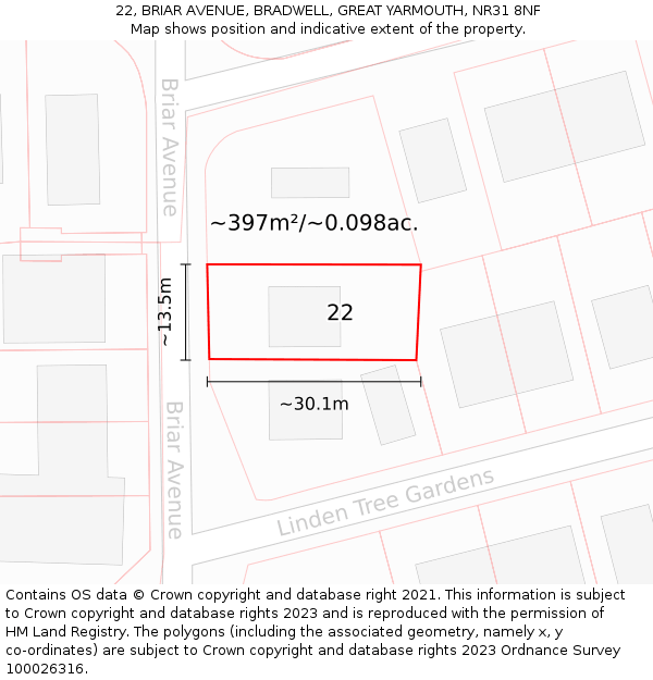 22, BRIAR AVENUE, BRADWELL, GREAT YARMOUTH, NR31 8NF: Plot and title map