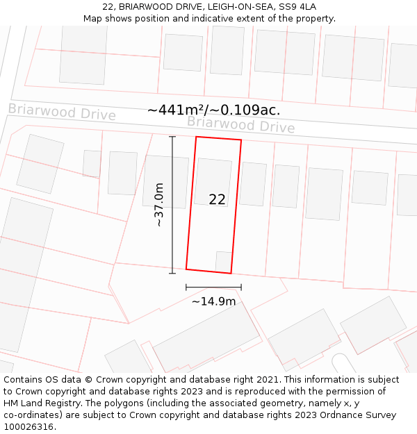 22, BRIARWOOD DRIVE, LEIGH-ON-SEA, SS9 4LA: Plot and title map