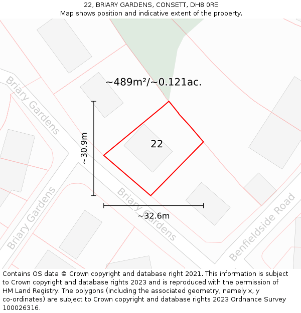 22, BRIARY GARDENS, CONSETT, DH8 0RE: Plot and title map