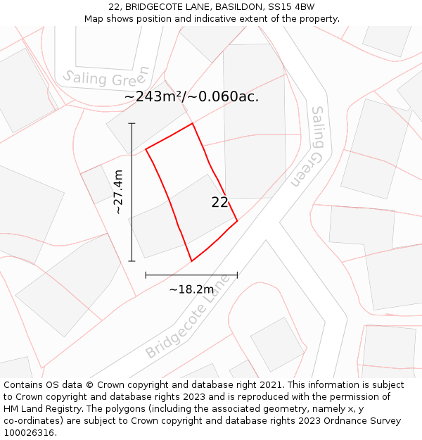 22, BRIDGECOTE LANE, BASILDON, SS15 4BW: Plot and title map
