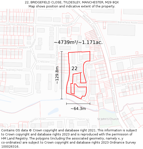 22, BRIDGEFIELD CLOSE, TYLDESLEY, MANCHESTER, M29 8QX: Plot and title map