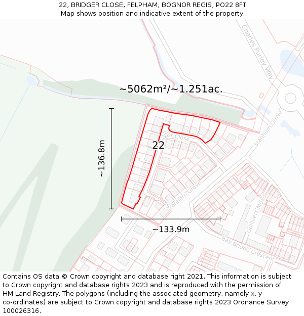 22, BRIDGER CLOSE, FELPHAM, BOGNOR REGIS, PO22 8FT: Plot and title map