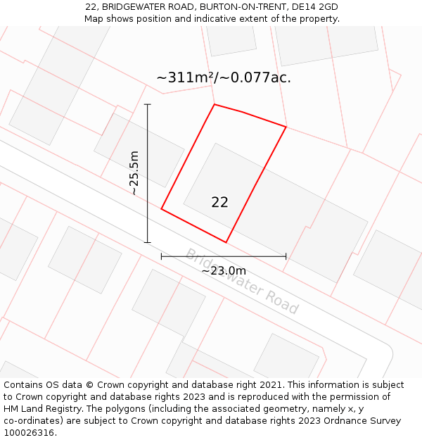 22, BRIDGEWATER ROAD, BURTON-ON-TRENT, DE14 2GD: Plot and title map