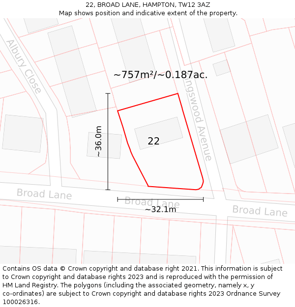 22, BROAD LANE, HAMPTON, TW12 3AZ: Plot and title map