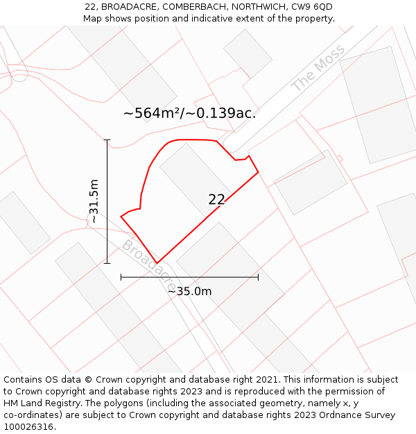 22, BROADACRE, COMBERBACH, NORTHWICH, CW9 6QD: Plot and title map