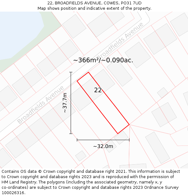 22, BROADFIELDS AVENUE, COWES, PO31 7UD: Plot and title map
