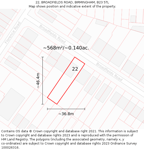 22, BROADFIELDS ROAD, BIRMINGHAM, B23 5TL: Plot and title map