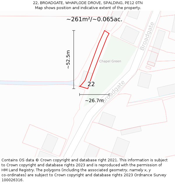 22, BROADGATE, WHAPLODE DROVE, SPALDING, PE12 0TN: Plot and title map