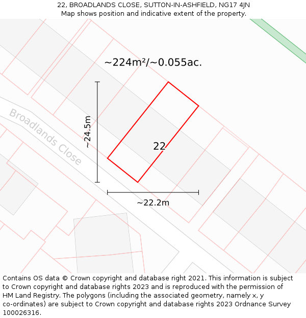22, BROADLANDS CLOSE, SUTTON-IN-ASHFIELD, NG17 4JN: Plot and title map