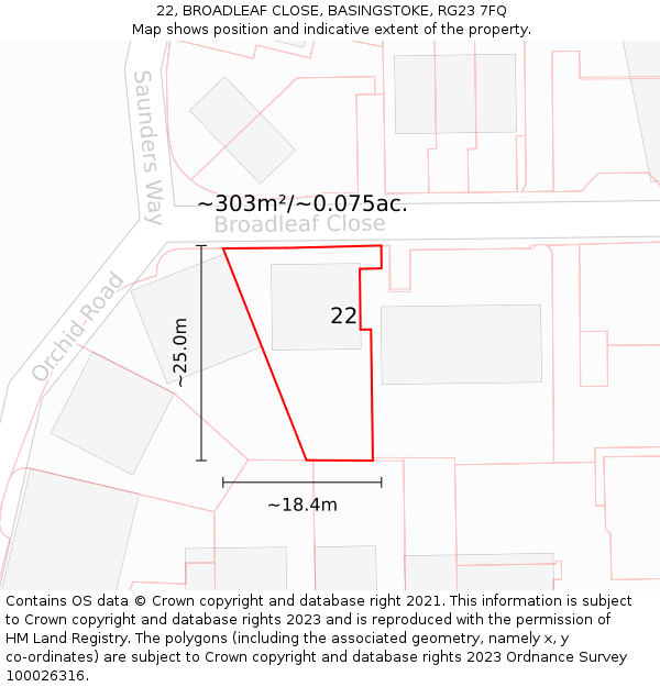 22, BROADLEAF CLOSE, BASINGSTOKE, RG23 7FQ: Plot and title map