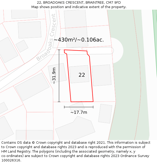 22, BROADOAKS CRESCENT, BRAINTREE, CM7 9FD: Plot and title map