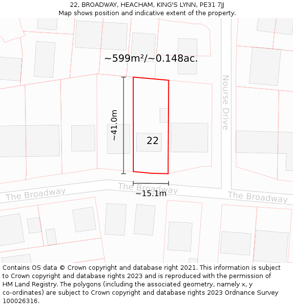 22, BROADWAY, HEACHAM, KING'S LYNN, PE31 7JJ: Plot and title map