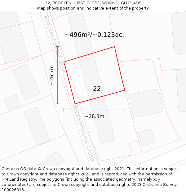 22, BROCKENHURST CLOSE, WOKING, GU21 4DS: Plot and title map